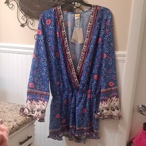Agua Bendita Blue Floral Larissa Antiq Deep V Romper NWT  SzM  Pink Accents